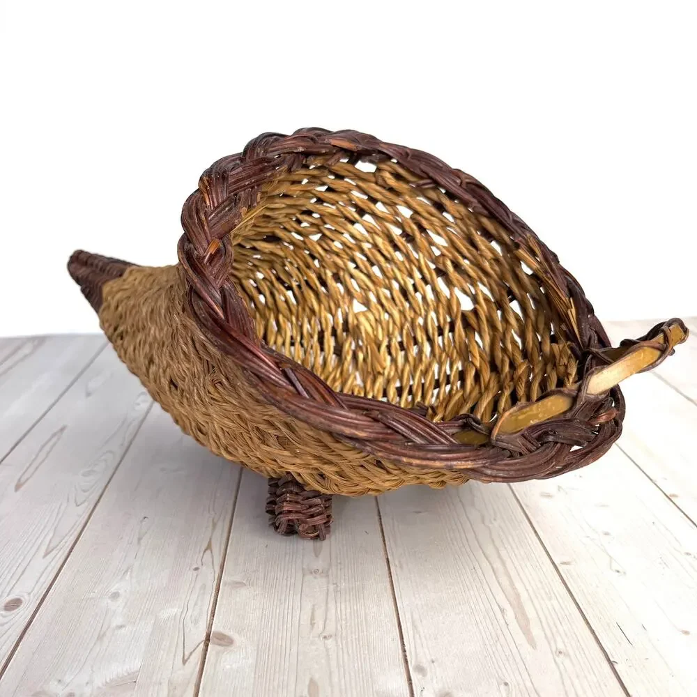 Vintage Woven Wicker Cornucopia Two Tone Footed Horn of Plenty Country Farmhouse
